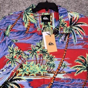 Quiksilver Tropical Palm Tree Shirt Mens XXL Red Blue Floral Hawaiian NEW